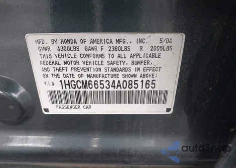 2004 Honda Accord Ex z USA, uszkodzony, nr VIN 1HGCM66534A085165